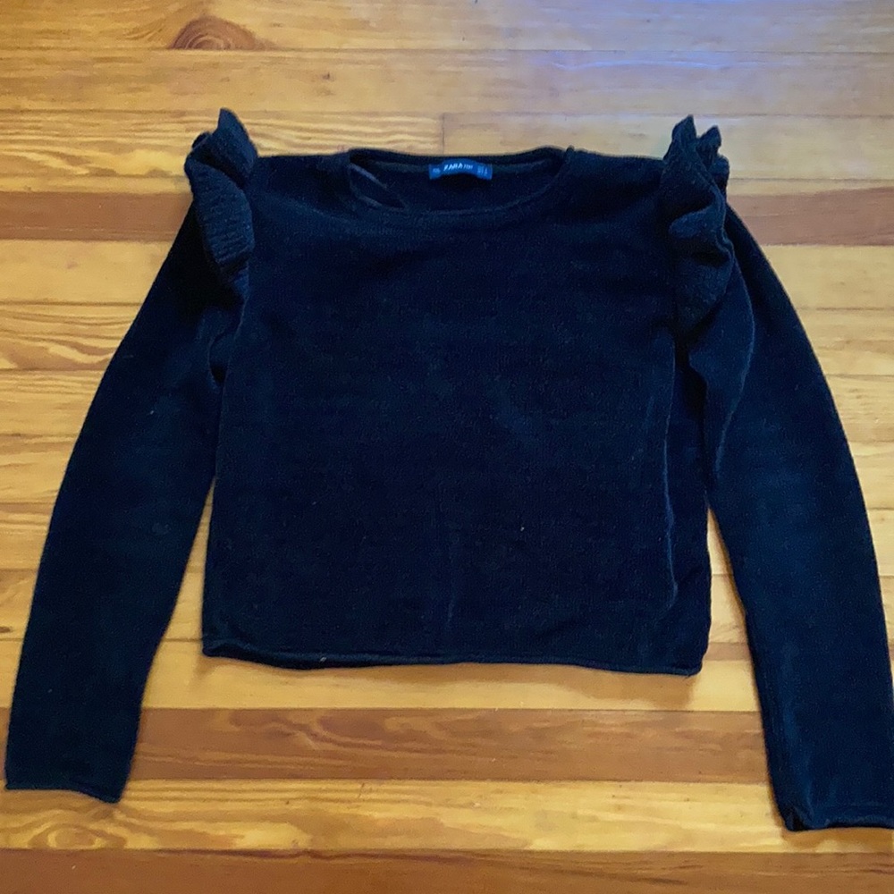 Zara Black Chenille Ruffle Shoulder Sweater